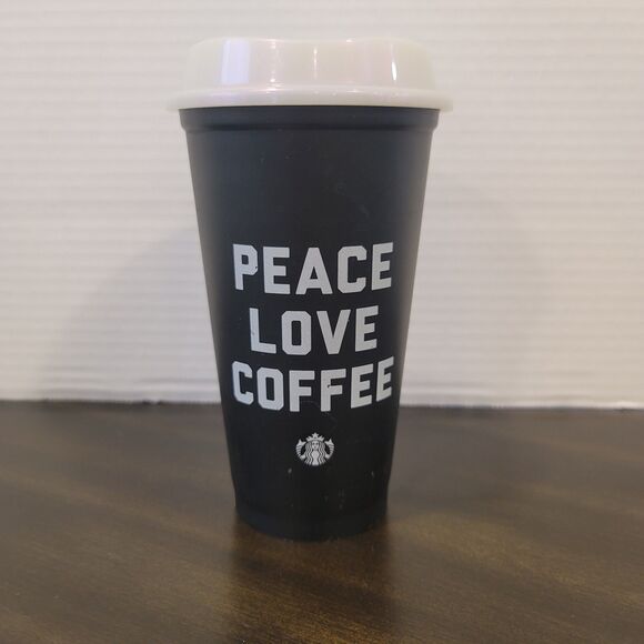Starbucks 2018 Black White Peace Love Coffee 16oz Reusable Hot/Cold Cup - Picture 1 of 4